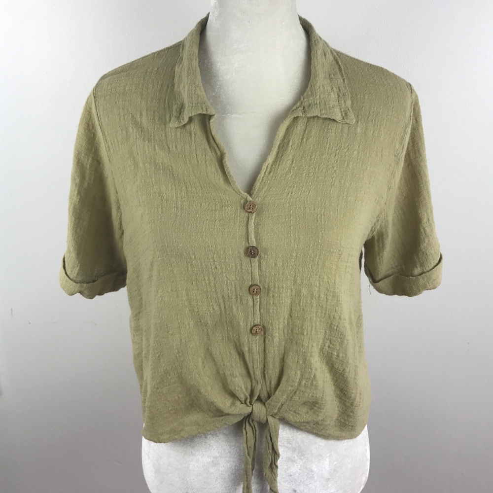Light Olive Tie-Front Crop Top - Women's